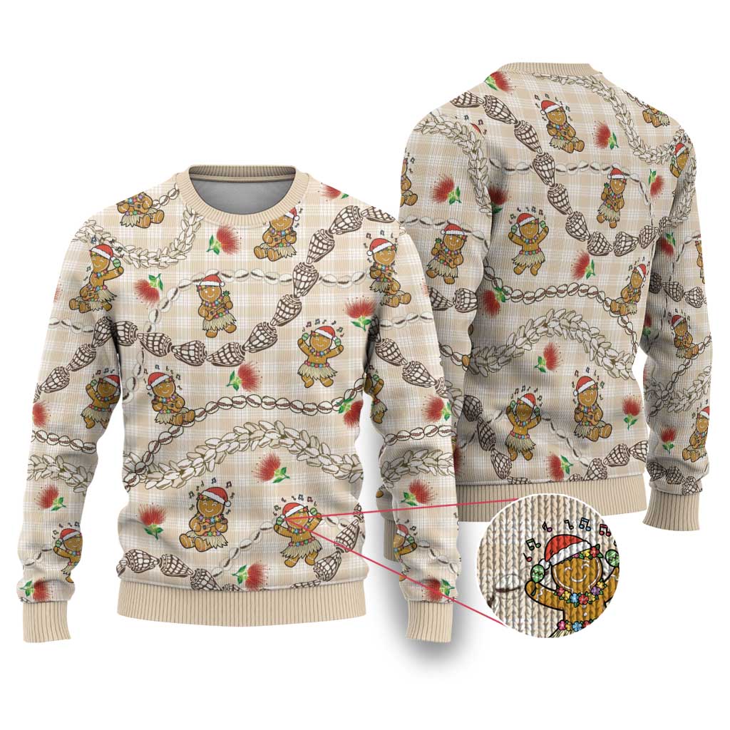 Beige Palaka Hawaii Mele Kalikimaka Ugly Christmas Sweater Ohia Lehua Shell Leis Funny Gingerbread Santa LT14 Beige - Polynesian Pride