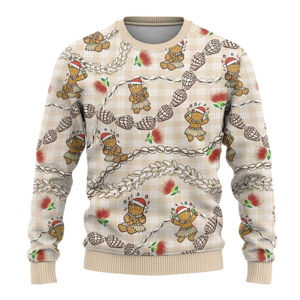 Beige Palaka Hawaii Mele Kalikimaka Ugly Christmas Sweater Ohia Lehua Shell Leis Funny Gingerbread Santa LT14 - Polynesian Pride