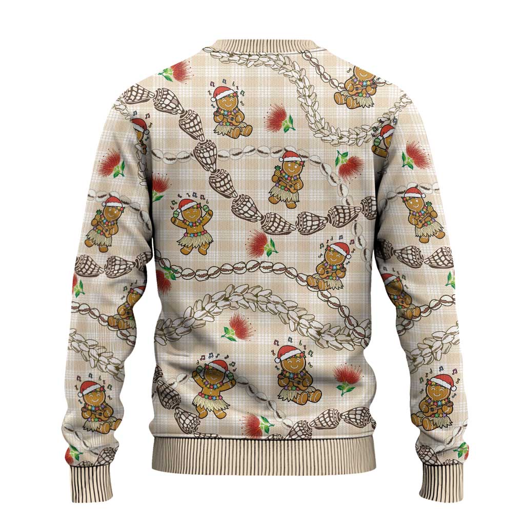 Beige Palaka Hawaii Mele Kalikimaka Ugly Christmas Sweater Ohia Lehua Shell Leis Funny Gingerbread Santa LT14 - Polynesian Pride