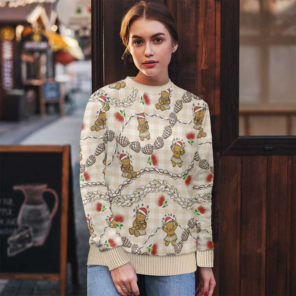 Beige Palaka Hawaii Mele Kalikimaka Ugly Christmas Sweater Ohia Lehua Shell Leis Funny Gingerbread Santa LT14 - Polynesian Pride