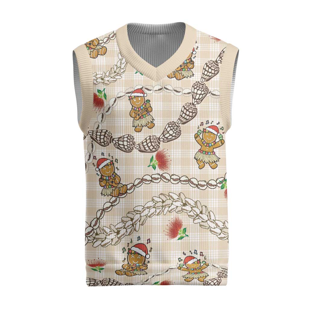 Beige Palaka Hawaii Mele Kalikimaka Christmas Knitted V-Neck Vest Ohia Lehua Shell Leis Funny Gingerbread Santa LT14 Beige - Polynesian Pride