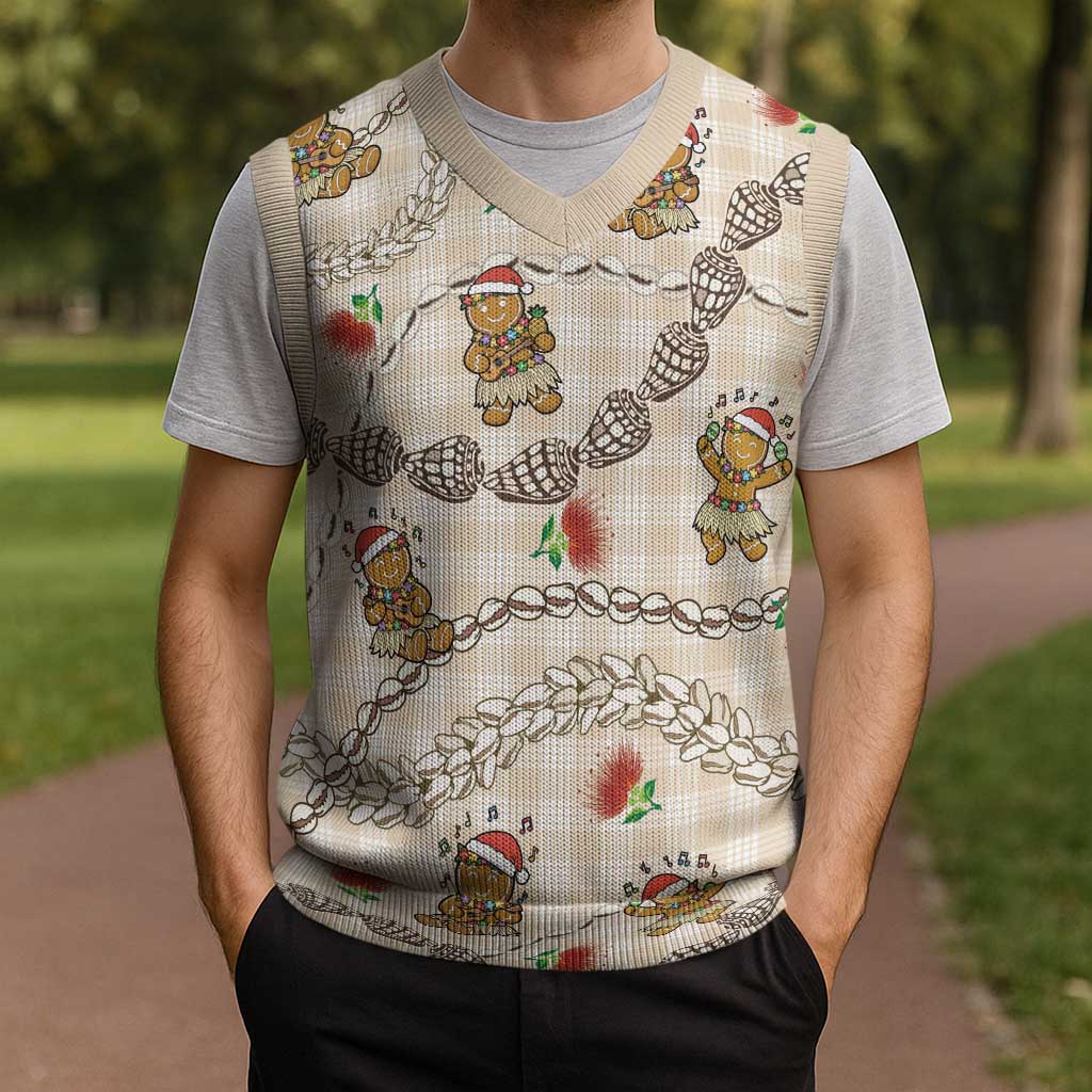 Beige Palaka Hawaii Mele Kalikimaka Christmas Knitted V-Neck Vest Ohia Lehua Shell Leis Funny Gingerbread Santa LT14 - Polynesian Pride