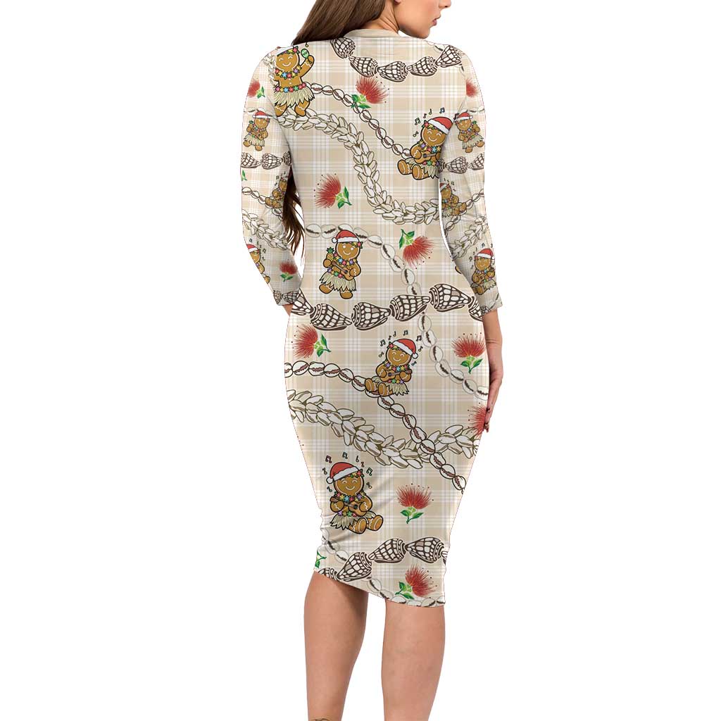 Beige Palaka Hawaii Mele Kalikimaka Long Sleeve Bodycon Dress Ohia Lehua Shell Leis Funny Gingerbread Santa LT14 - Polynesian Pride
