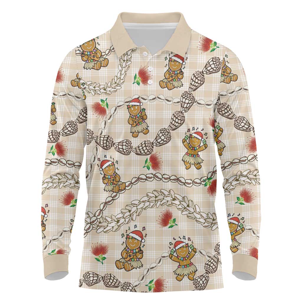 Beige Palaka Hawaii Mele Kalikimaka Long Sleeve Polo Shirt Ohia Lehua Shell Leis Funny Gingerbread Santa LT14 Beige - Polynesian Pride