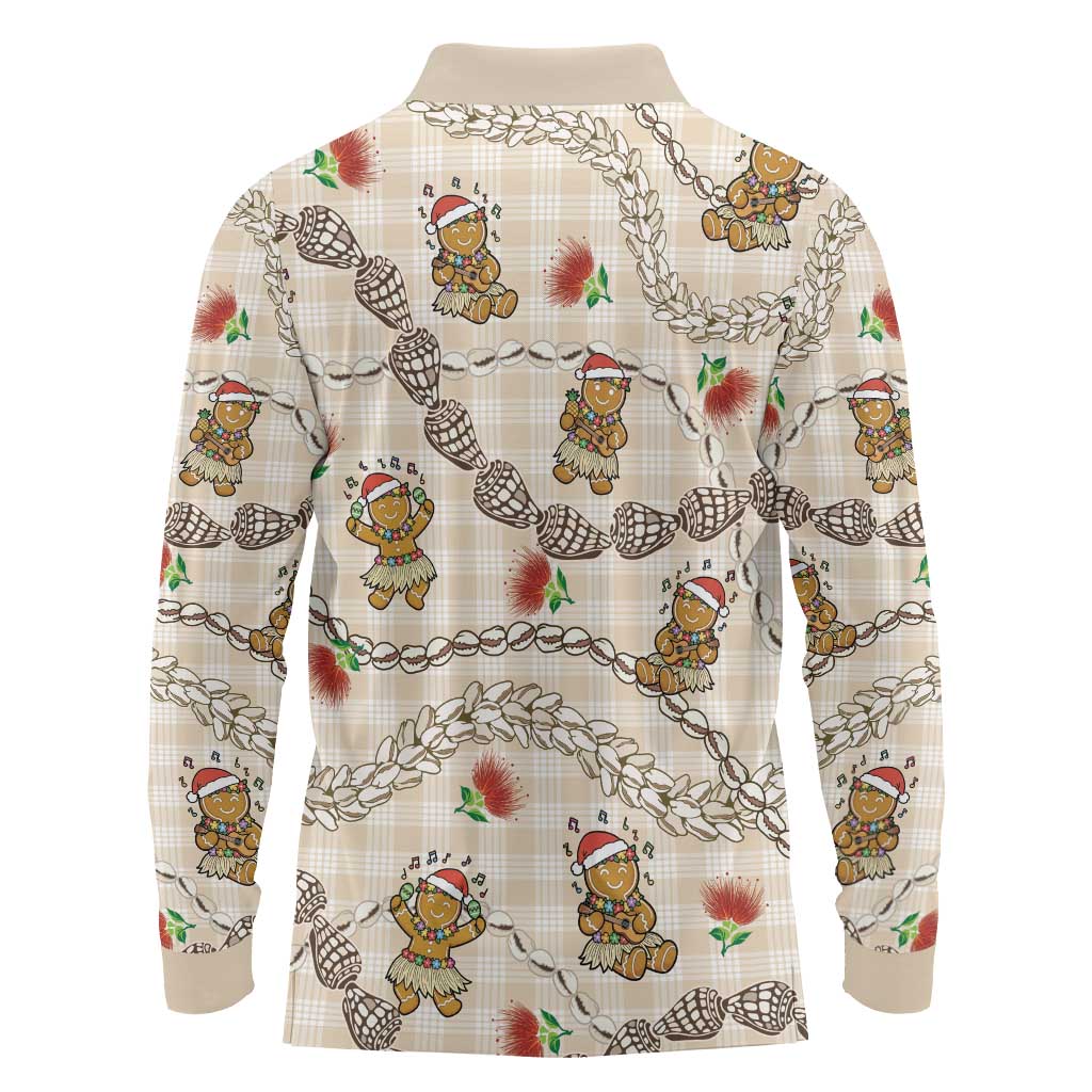 Beige Palaka Hawaii Mele Kalikimaka Long Sleeve Polo Shirt Ohia Lehua Shell Leis Funny Gingerbread Santa LT14 - Polynesian Pride