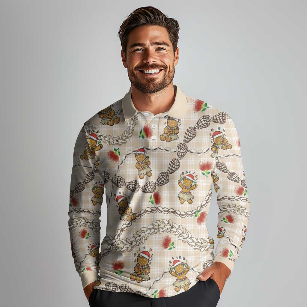 Beige Palaka Hawaii Mele Kalikimaka Long Sleeve Polo Shirt Ohia Lehua Shell Leis Funny Gingerbread Santa LT14 - Polynesian Pride