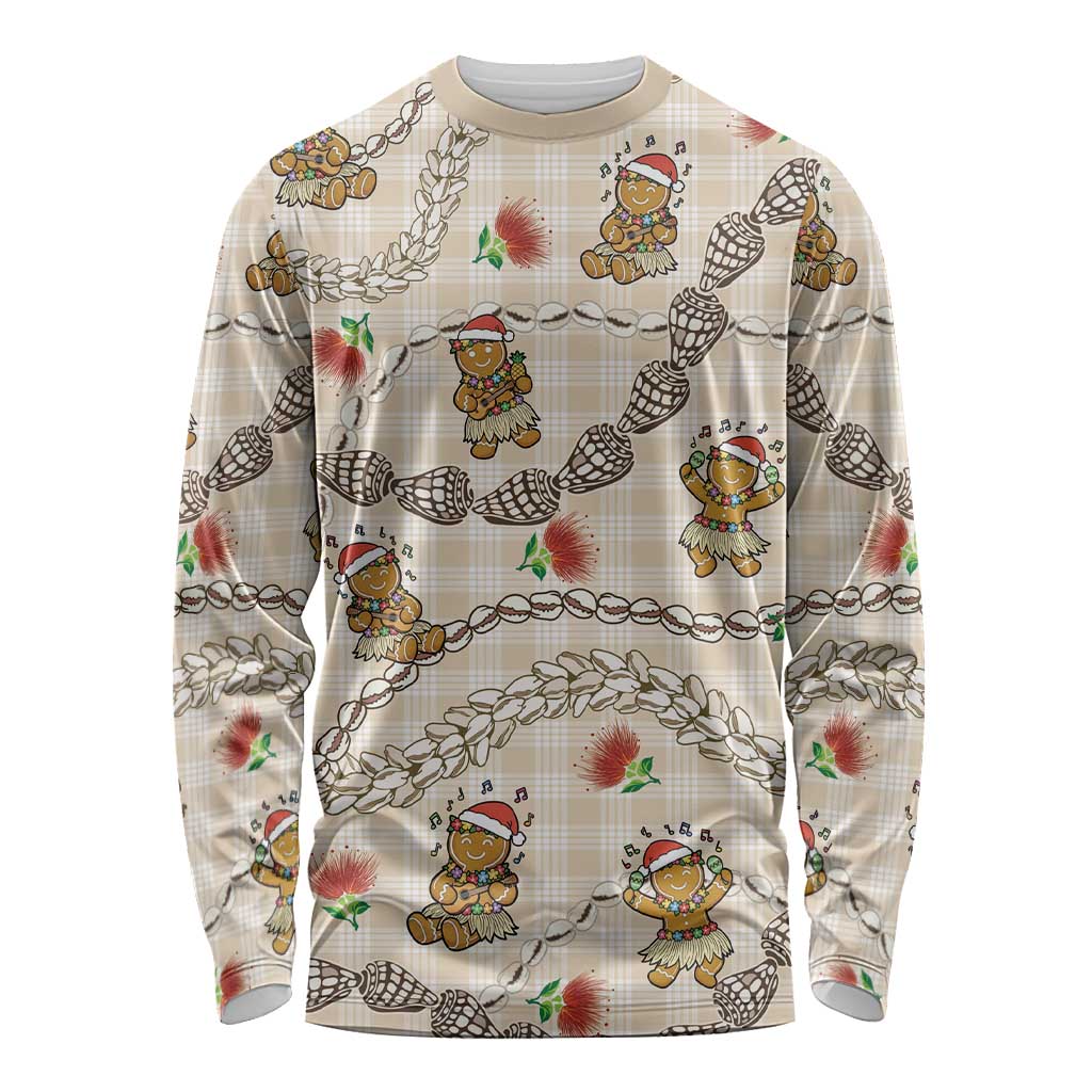 Beige Palaka Hawaii Mele Kalikimaka Long Sleeve Shirt Ohia Lehua Shell Leis Funny Gingerbread Santa LT14 Unisex Beige - Polynesian Pride