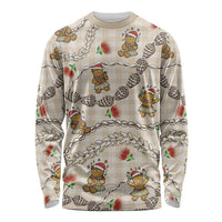 Beige Palaka Hawaii Mele Kalikimaka Long Sleeve Shirt Ohia Lehua Shell Leis Funny Gingerbread Santa LT14 Unisex Beige - Polynesian Pride