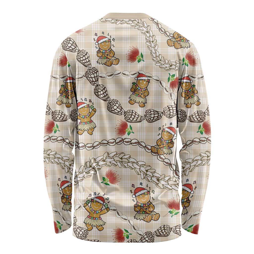 Beige Palaka Hawaii Mele Kalikimaka Long Sleeve Shirt Ohia Lehua Shell Leis Funny Gingerbread Santa LT14 - Polynesian Pride