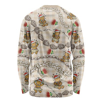 Beige Palaka Hawaii Mele Kalikimaka Long Sleeve Shirt Ohia Lehua Shell Leis Funny Gingerbread Santa LT14 - Polynesian Pride