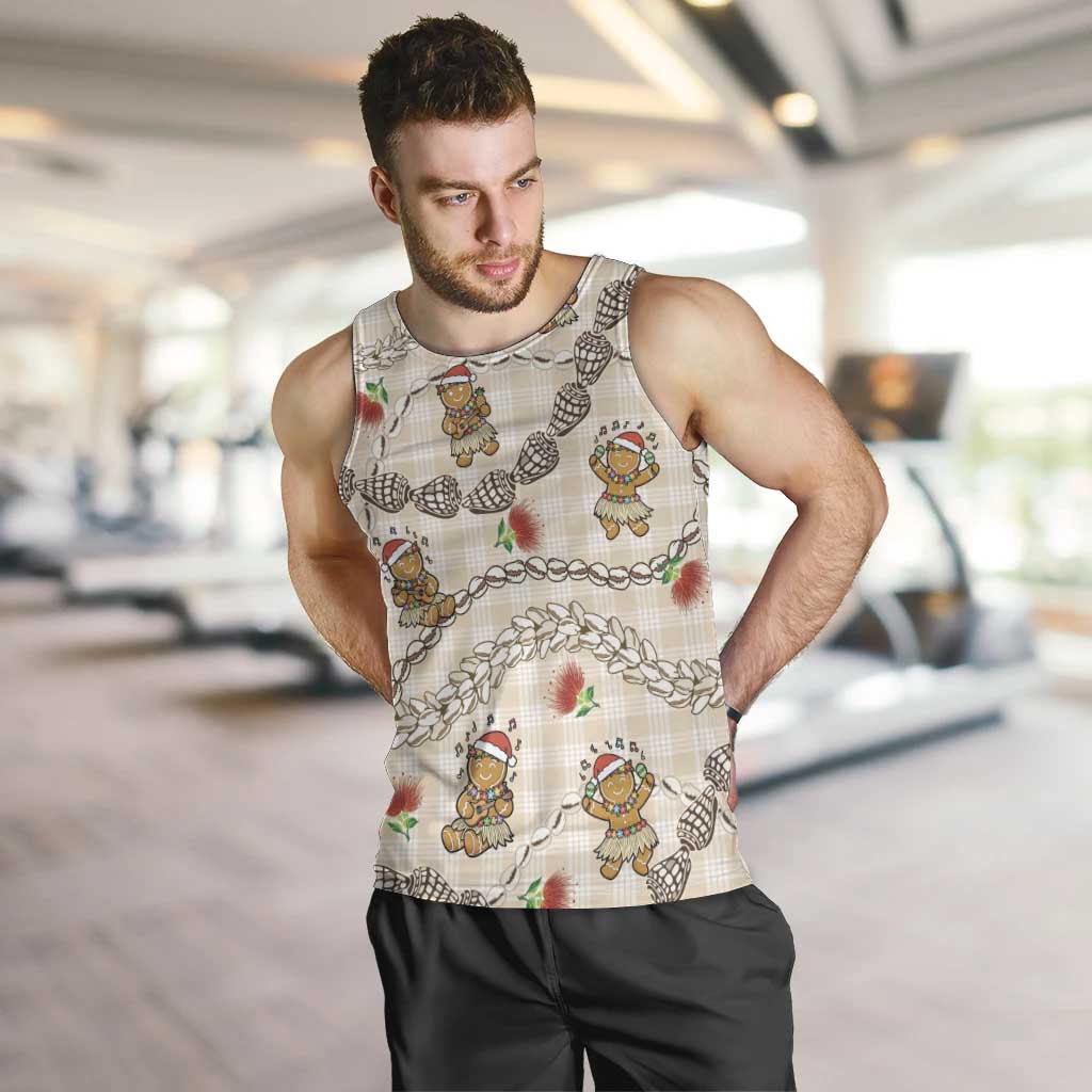 Beige Palaka Hawaii Mele Kalikimaka Men Tank Top Ohia Lehua Shell Leis Funny Gingerbread Santa - Polynesian Pride