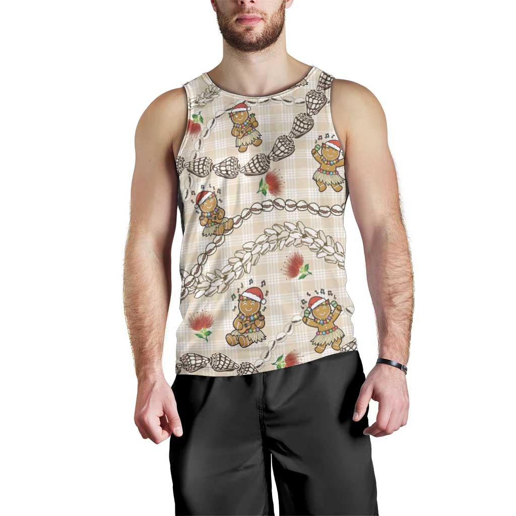 Beige Palaka Hawaii Mele Kalikimaka Men Tank Top Ohia Lehua Shell Leis Funny Gingerbread Santa - Polynesian Pride