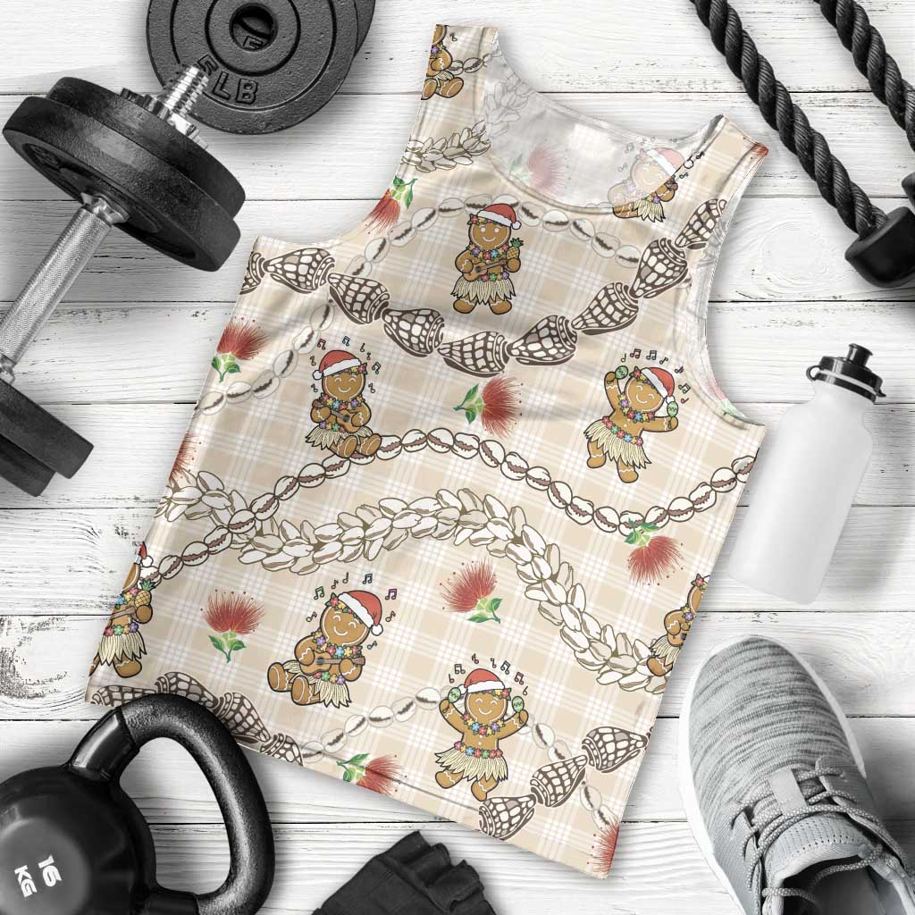 Beige Palaka Hawaii Mele Kalikimaka Men Tank Top Ohia Lehua Shell Leis Funny Gingerbread Santa - Polynesian Pride