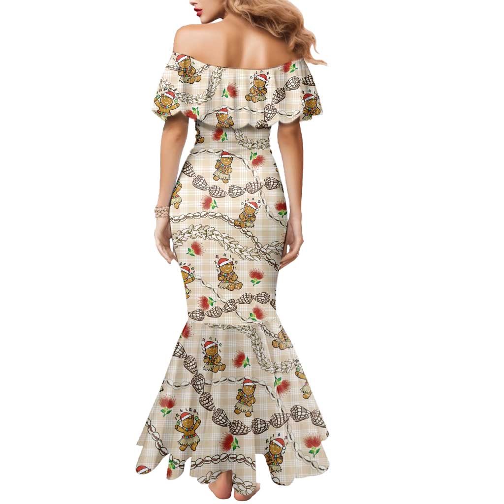 Beige Palaka Hawaii Mele Kalikimaka Mermaid Dress Ohia Lehua Shell Leis Funny Gingerbread Santa LT14 - Polynesian Pride
