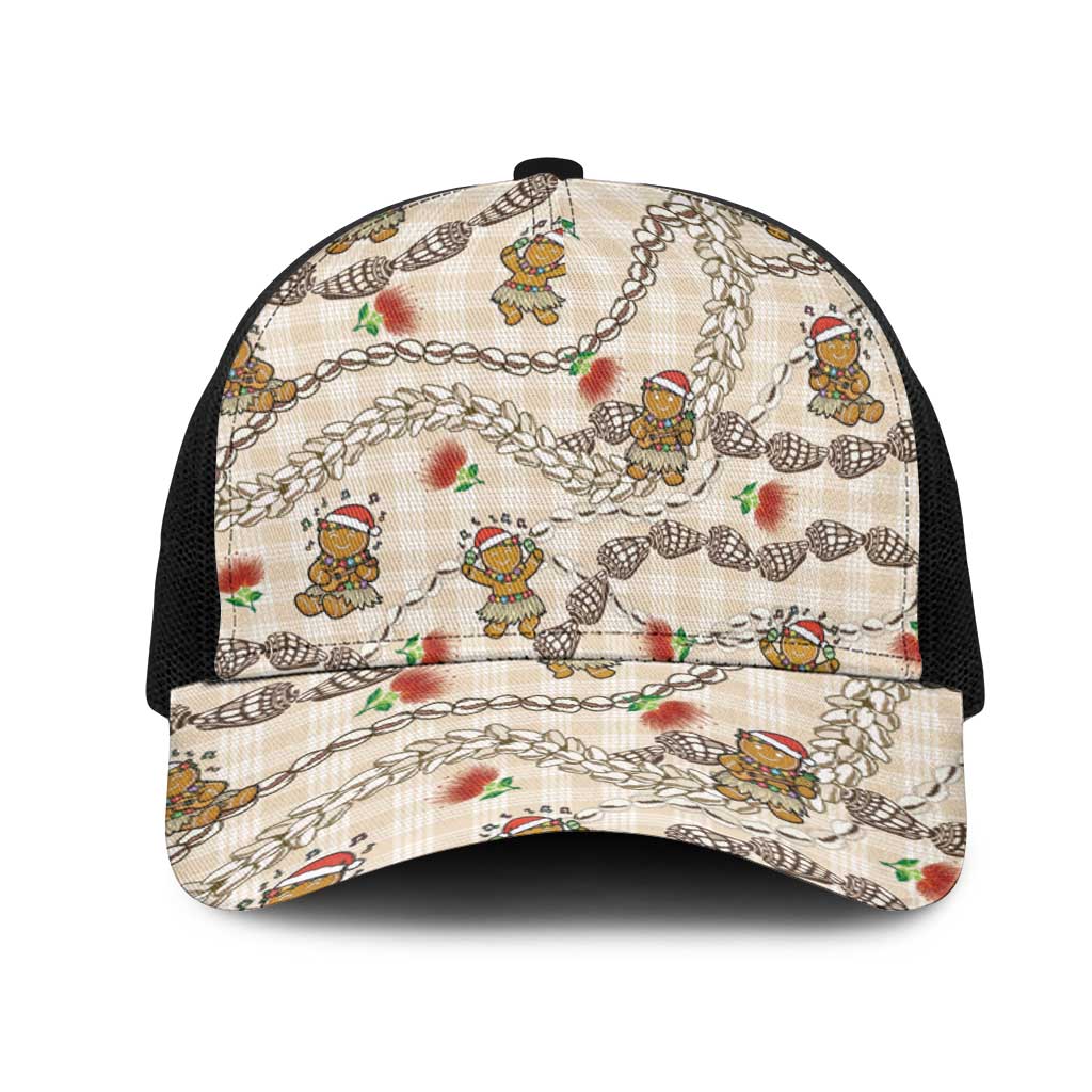 Beige Palaka Hawaii Mele Kalikimaka Mesh Trucker Cap Ohia Lehua Shell Leis Funny Gingerbread Santa - Polynesian Pride