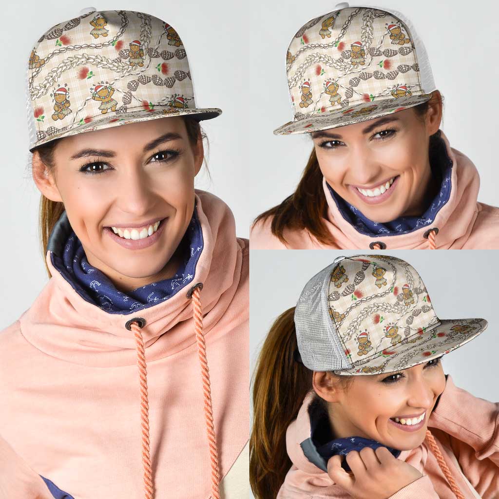 Beige Palaka Hawaii Mele Kalikimaka Mesh Trucker Cap Ohia Lehua Shell Leis Funny Gingerbread Santa - Polynesian Pride