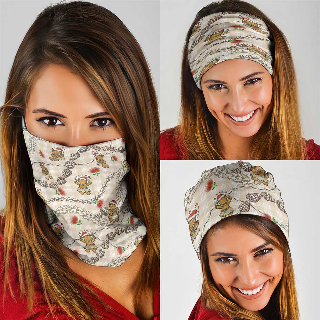 Beige Palaka Hawaii Mele Kalikimaka Neck Gaiter Ohia Lehua Shell Leis Funny Gingerbread Santa - Polynesian Pride