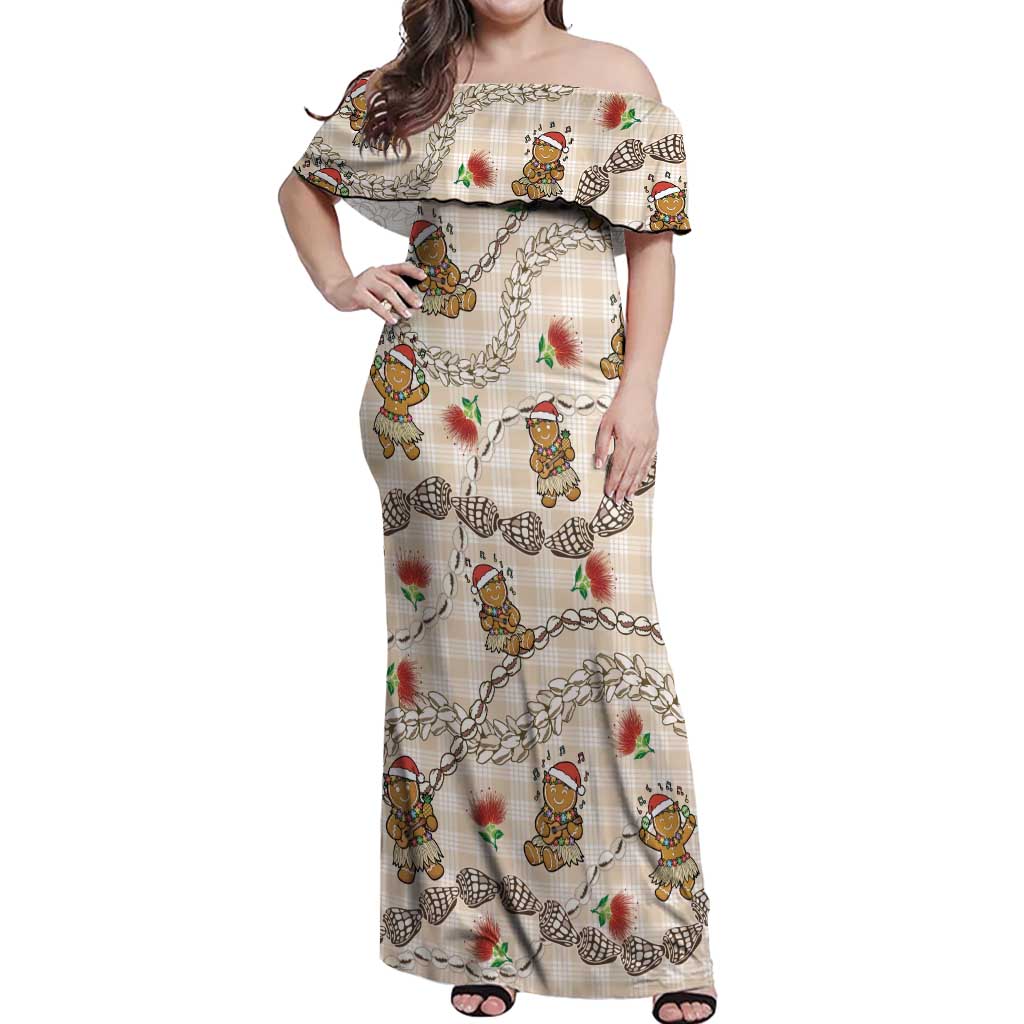Beige Palaka Hawaii Mele Kalikimaka Off Shoulder Maxi Dress Ohia Lehua Shell Leis Funny Gingerbread Santa LT14 Women Beige - Polynesian Pride