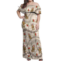 Beige Palaka Hawaii Mele Kalikimaka Off Shoulder Maxi Dress Ohia Lehua Shell Leis Funny Gingerbread Santa LT14 Women Beige - Polynesian Pride
