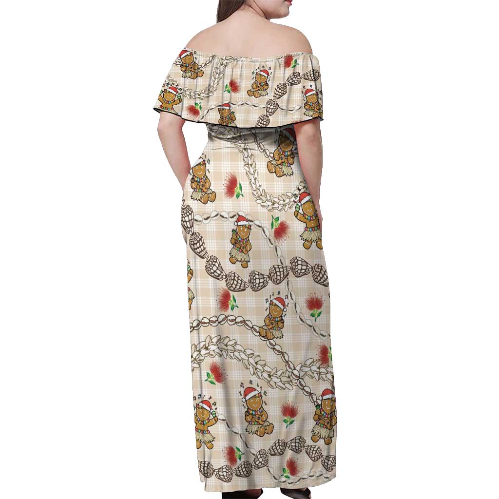 Beige Palaka Hawaii Mele Kalikimaka Off Shoulder Maxi Dress Ohia Lehua Shell Leis Funny Gingerbread Santa LT14 - Polynesian Pride