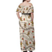 Beige Palaka Hawaii Mele Kalikimaka Off Shoulder Maxi Dress Ohia Lehua Shell Leis Funny Gingerbread Santa LT14 - Polynesian Pride