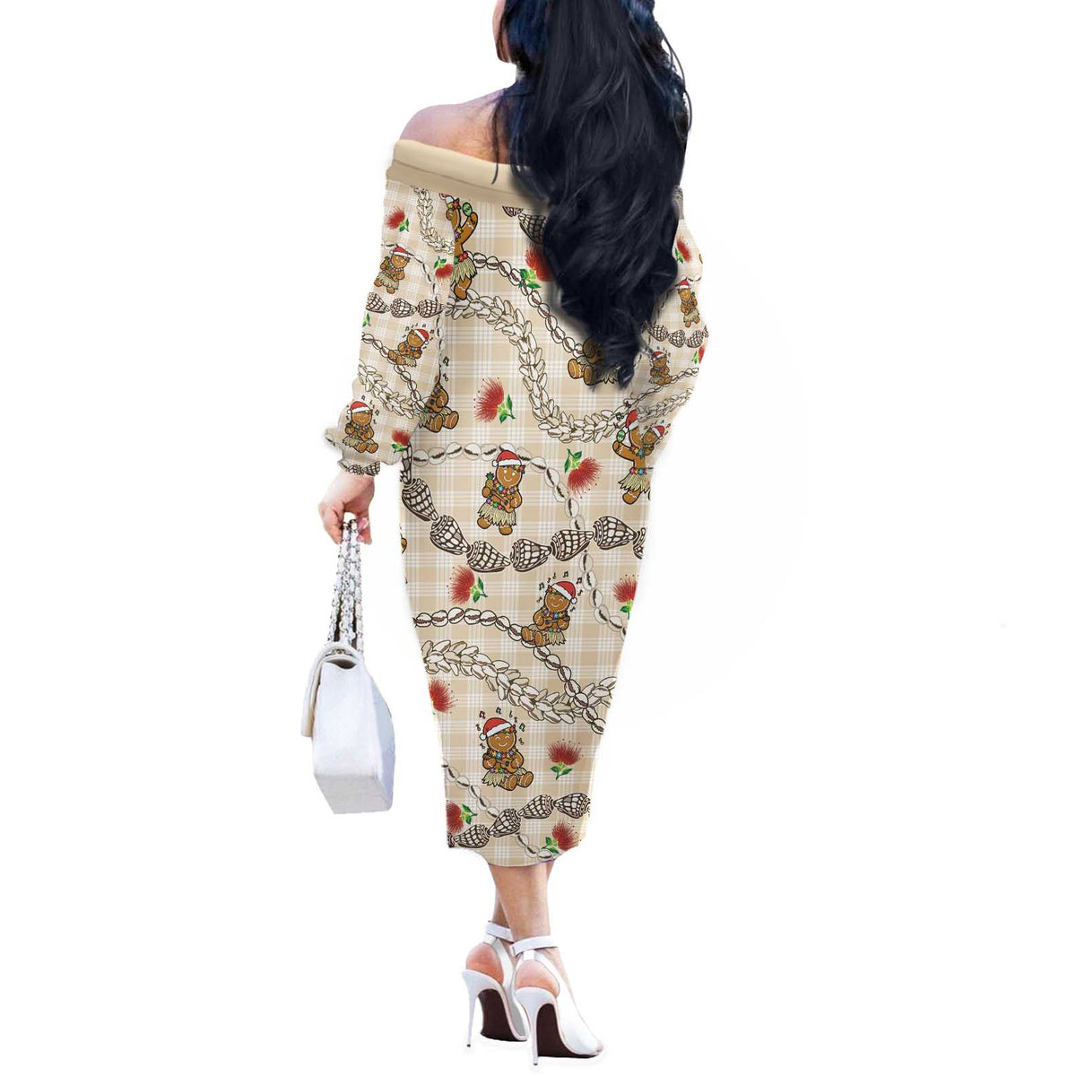Beige Palaka Hawaii Mele Kalikimaka Off The Shoulder Long Sleeve Dress Ohia Lehua Shell Leis Funny Gingerbread Santa LT14 - Polynesian Pride