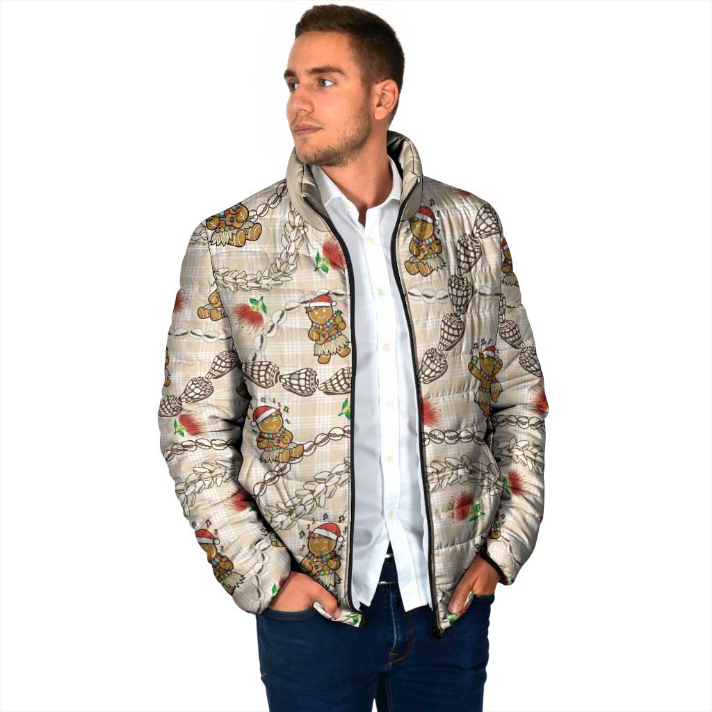 Beige Palaka Hawaii Mele Kalikimaka Padded Jacket Ohia Lehua Shell Leis Funny Gingerbread Santa - Polynesian Pride