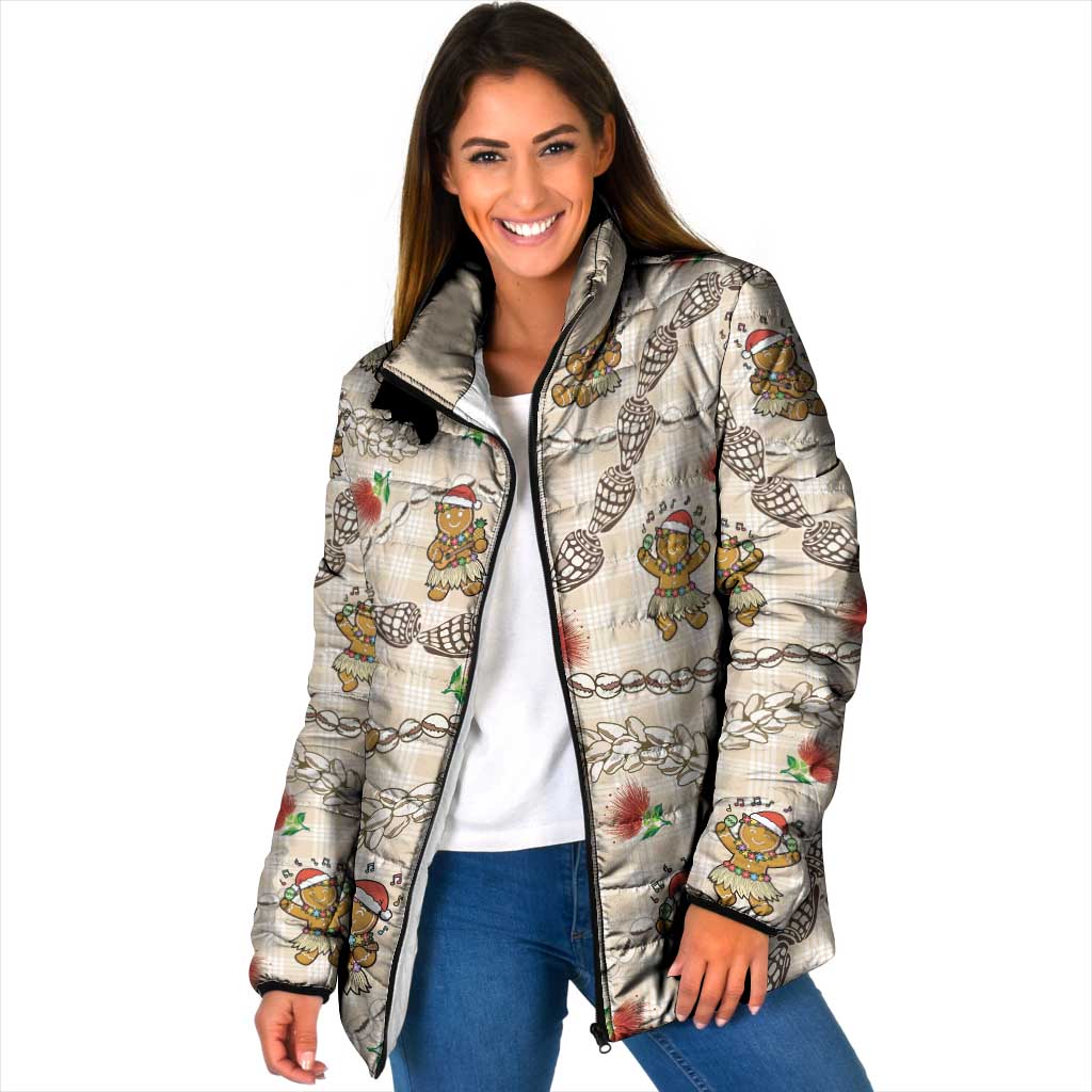 Beige Palaka Hawaii Mele Kalikimaka Padded Jacket Ohia Lehua Shell Leis Funny Gingerbread Santa - Polynesian Pride