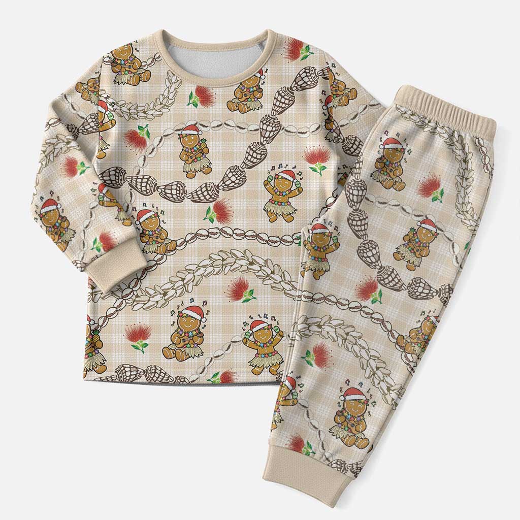 Beige Palaka Hawaii Mele Kalikimaka Christmas Pajama Set Ohia Lehua Shell Leis Funny Gingerbread Santa - Polynesian Pride