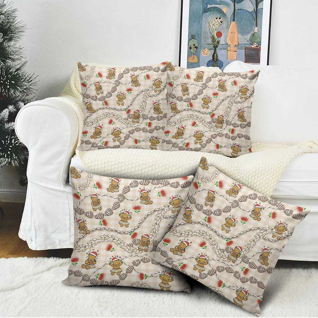 Beige Palaka Hawaii Mele Kalikimaka Pillow Cover Ohia Lehua Shell Leis Funny Gingerbread Santa - Polynesian Pride