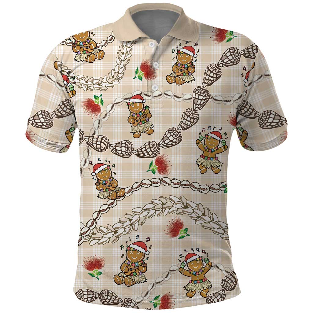 Beige Palaka Hawaii Mele Kalikimaka Polo Shirt Ohia Lehua Shell Leis Funny Gingerbread Santa LT14 Beige - Polynesian Pride