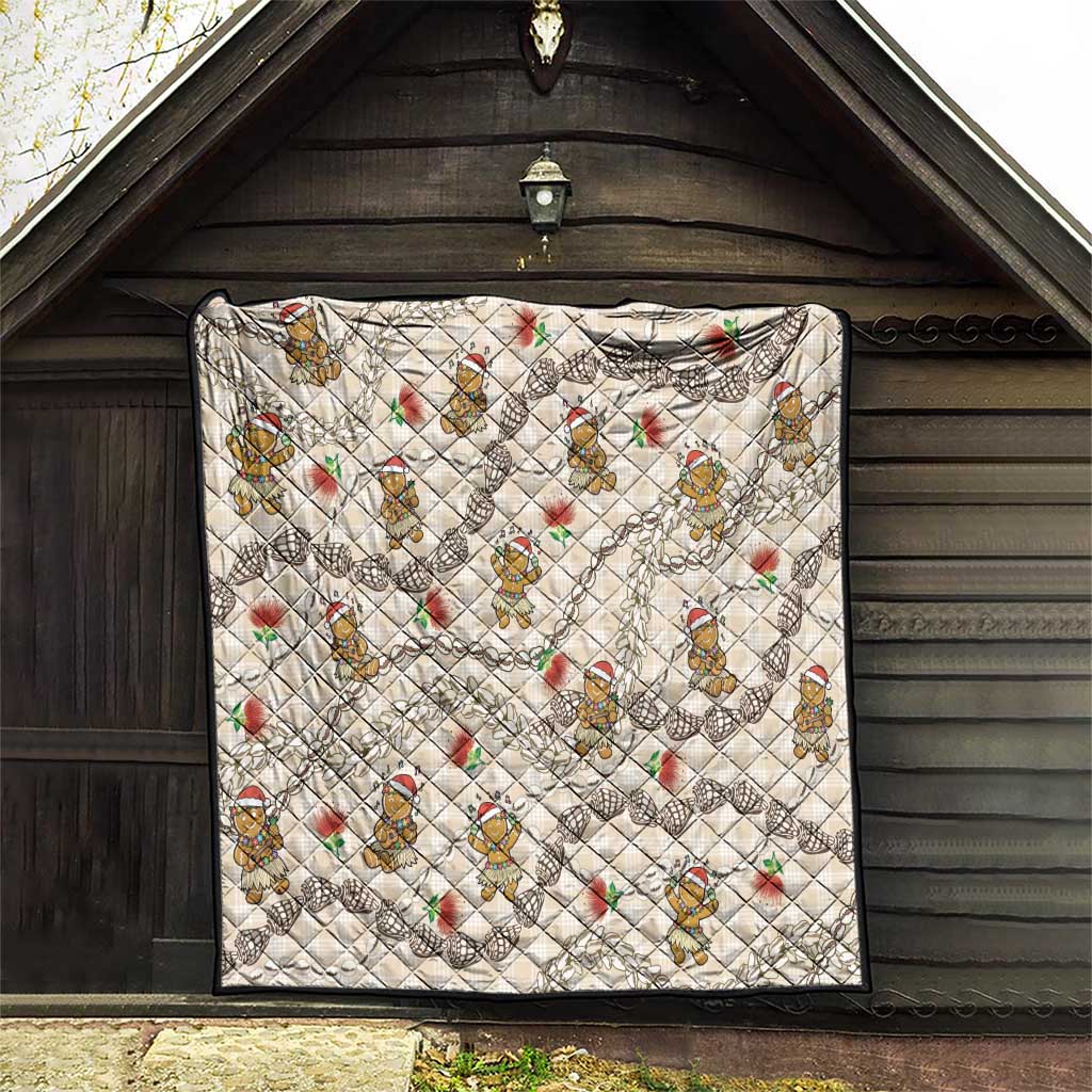 Beige Palaka Hawaii Mele Kalikimaka Quilt Ohia Lehua Shell Leis Funny Gingerbread Santa - Polynesian Pride