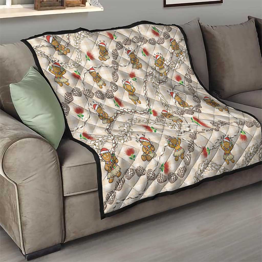 Beige Palaka Hawaii Mele Kalikimaka Quilt Ohia Lehua Shell Leis Funny Gingerbread Santa - Polynesian Pride