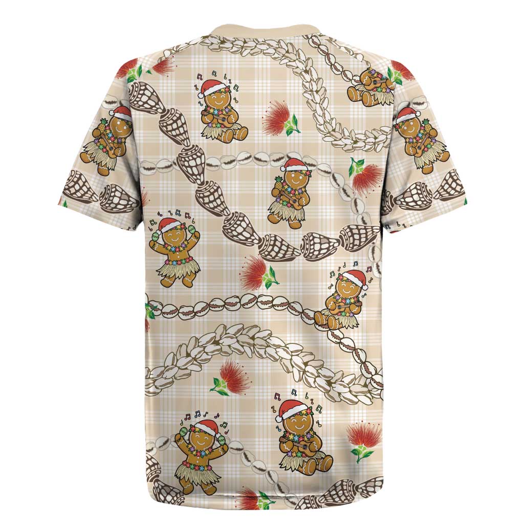 Beige Palaka Hawaii Mele Kalikimaka Rugby Jersey Ohia Lehua Shell Leis Funny Gingerbread Santa - Polynesian Pride