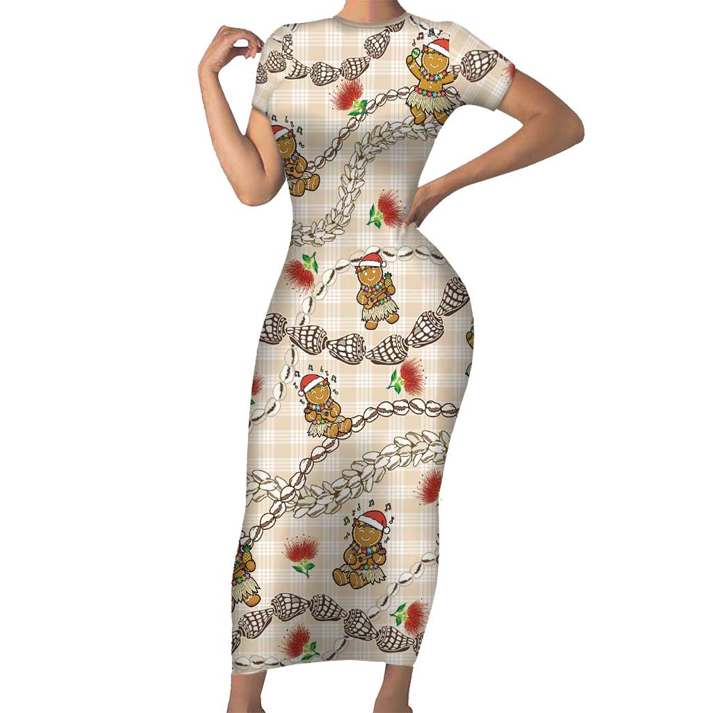 Beige Palaka Hawaii Mele Kalikimaka Short Sleeve Bodycon Dress Ohia Lehua Shell Leis Funny Gingerbread Santa LT14 Long Dress Beige - Polynesian Pride