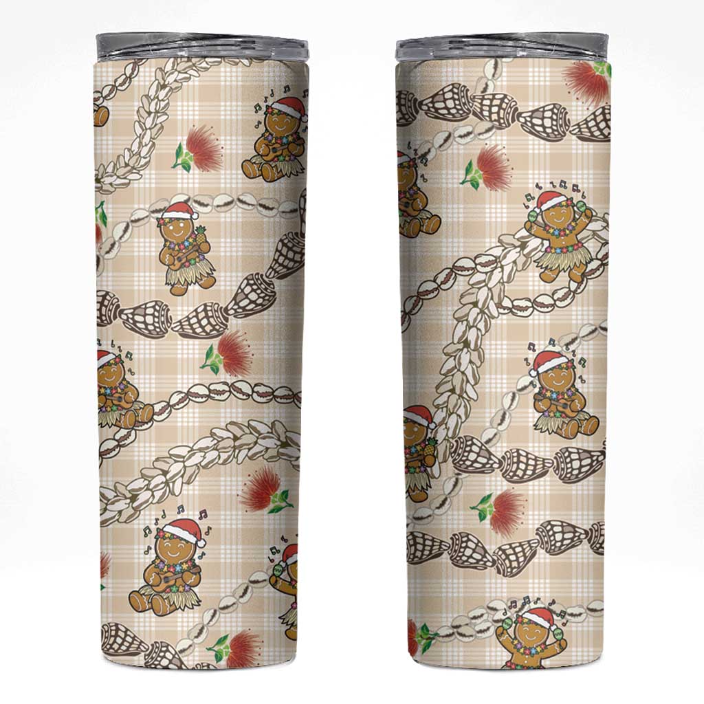 Beige Palaka Hawaii Mele Kalikimaka Skinny Tumbler Ohia Lehua Shell Leis Funny Gingerbread Santa LT14 Beige - Polynesian Pride