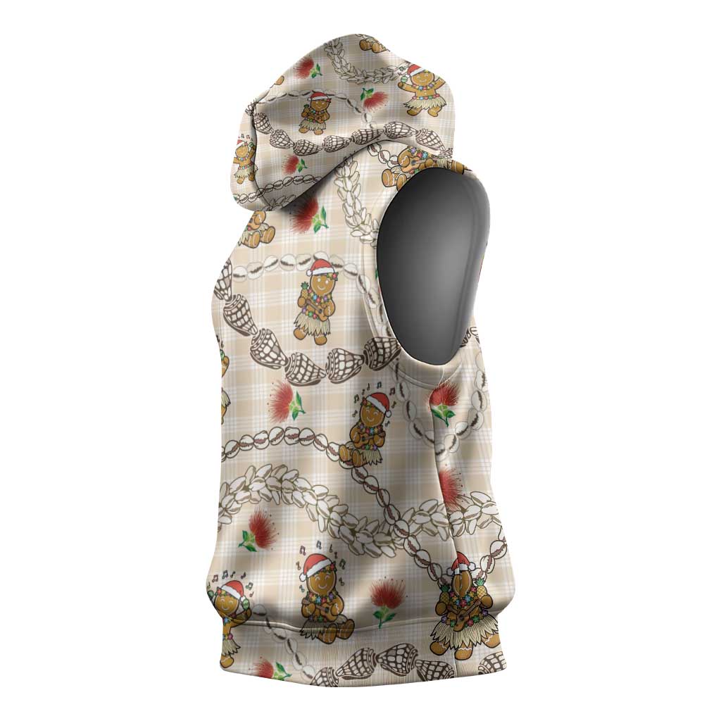 Beige Palaka Hawaii Mele Kalikimaka Sleeveless Hoodie Ohia Lehua Shell Leis Funny Gingerbread Santa LT14 - Polynesian Pride