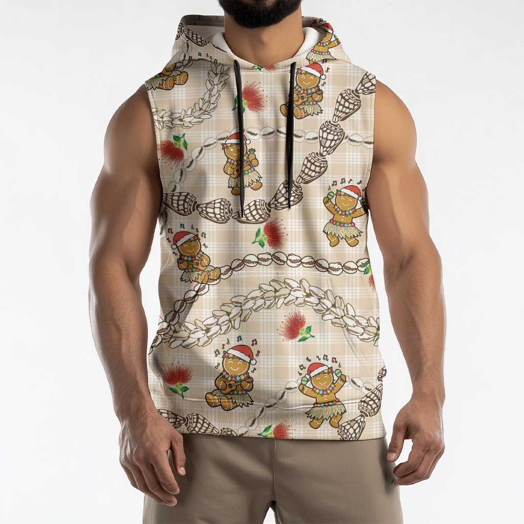 Beige Palaka Hawaii Mele Kalikimaka Sleeveless Hoodie Ohia Lehua Shell Leis Funny Gingerbread Santa LT14 - Polynesian Pride
