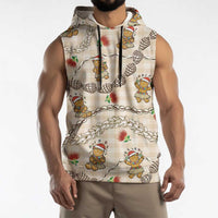 Beige Palaka Hawaii Mele Kalikimaka Sleeveless Hoodie Ohia Lehua Shell Leis Funny Gingerbread Santa LT14 - Polynesian Pride