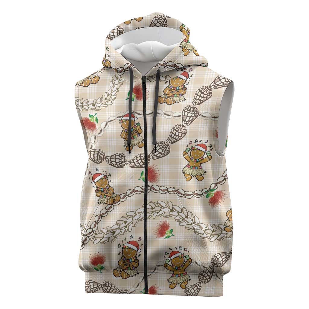 Beige Palaka Hawaii Mele Kalikimaka Sleeveless Zip Hoodie Ohia Lehua Shell Leis Funny Gingerbread Santa LT14 Beige - Polynesian Pride