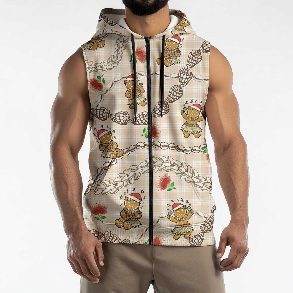 Beige Palaka Hawaii Mele Kalikimaka Sleeveless Zip Hoodie Ohia Lehua Shell Leis Funny Gingerbread Santa LT14 - Polynesian Pride