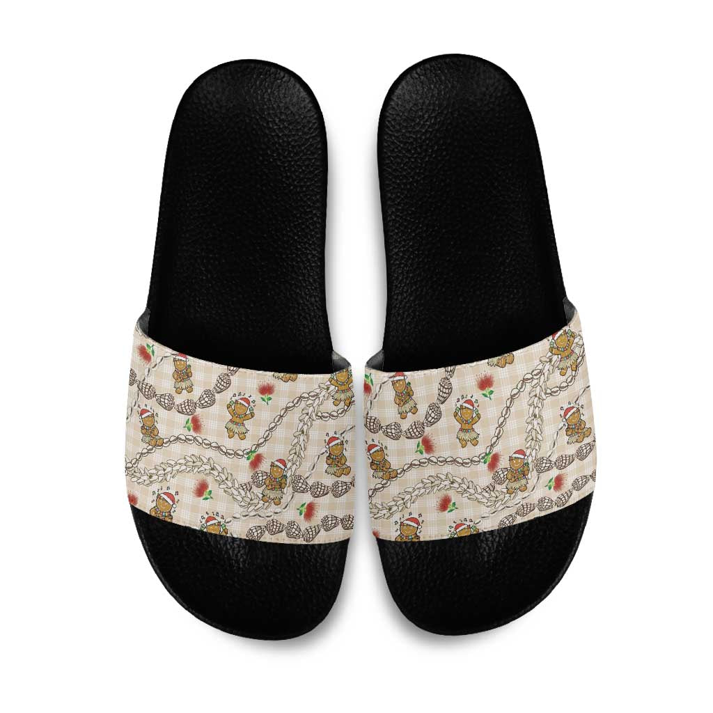 Beige Palaka Hawaii Mele Kalikimaka Slide Sandals Ohia Lehua Shell Leis Funny Gingerbread Santa - Polynesian Pride