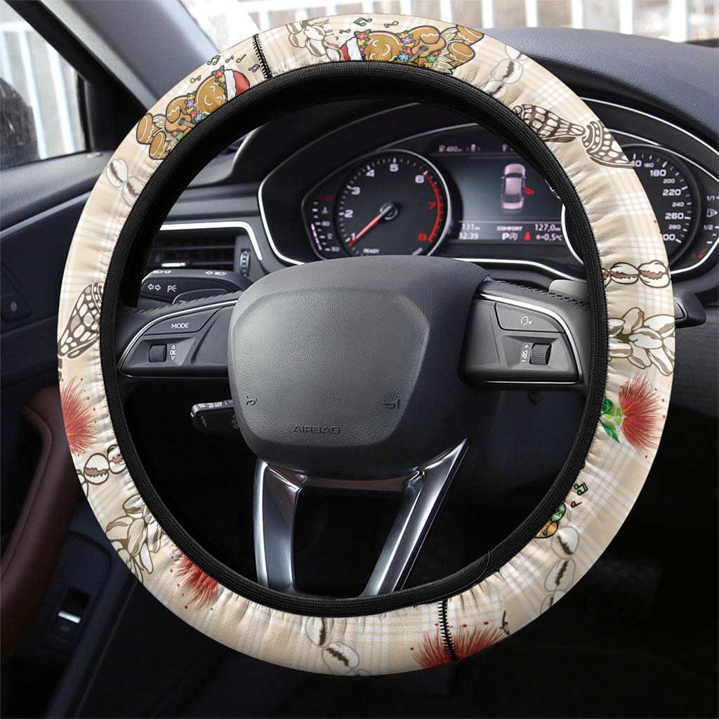 Beige Palaka Hawaii Mele Kalikimaka Steering Wheel Cover Ohia Lehua Shell Leis Funny Gingerbread Santa LT14 - Polynesian Pride