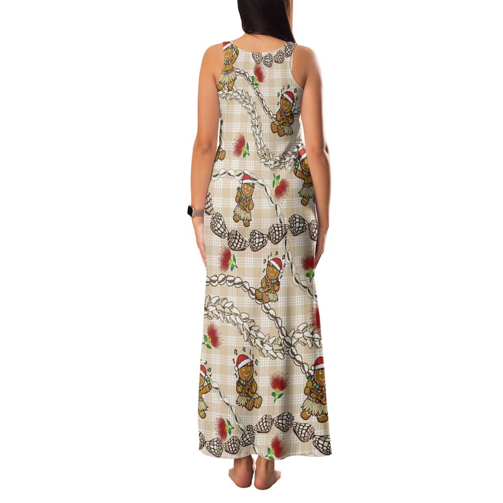 Beige Palaka Hawaii Mele Kalikimaka Tank Maxi Dress Ohia Lehua Shell Leis Funny Gingerbread Santa LT14 - Polynesian Pride