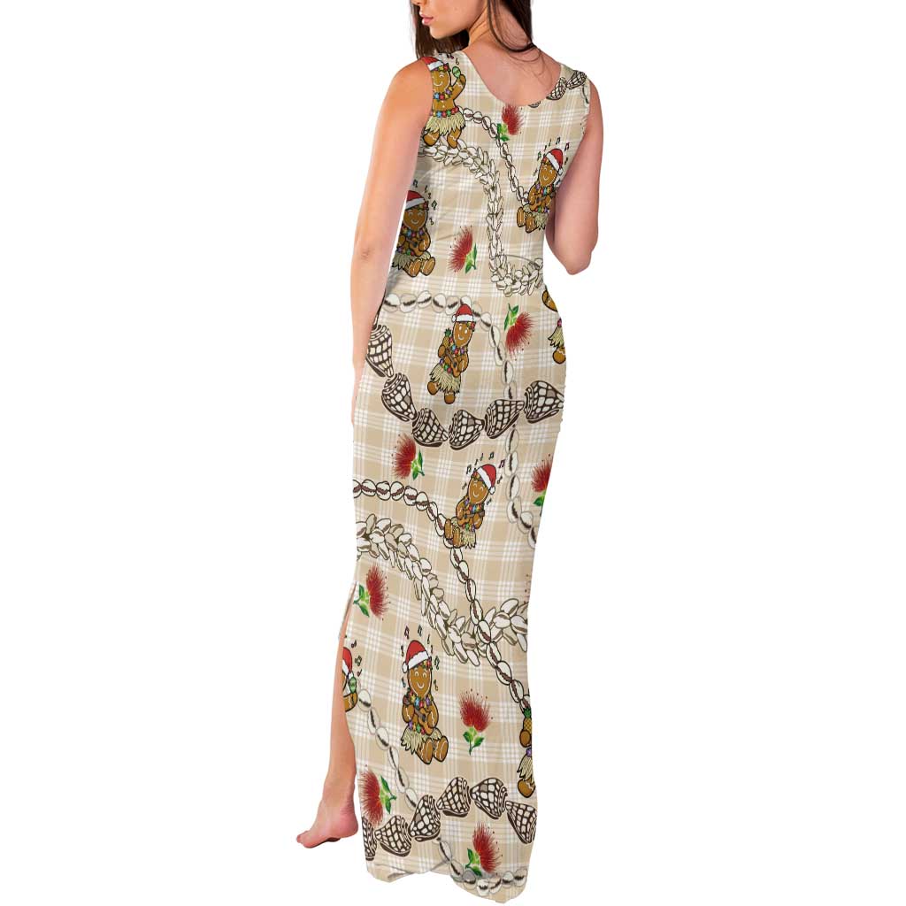 Beige Palaka Hawaii Mele Kalikimaka Tank Maxi Dress Ohia Lehua Shell Leis Funny Gingerbread Santa LT14 - Polynesian Pride