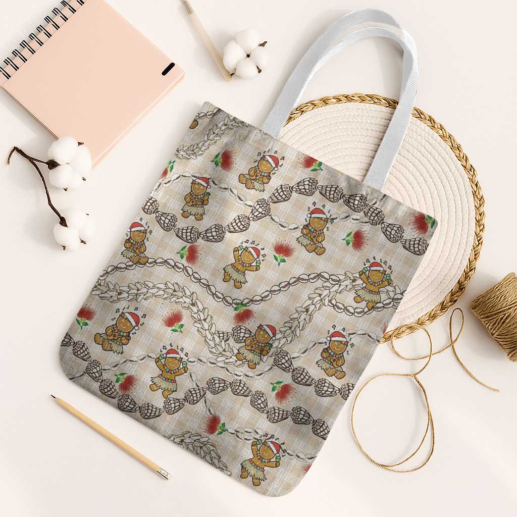 Beige Palaka Hawaii Mele Kalikimaka Tote Bag Ohia Lehua Shell Leis Funny Gingerbread Santa - Polynesian Pride