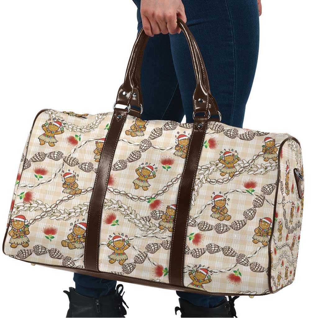 Beige Palaka Hawaii Mele Kalikimaka Travel Bag Ohia Lehua Shell Leis Funny Gingerbread Santa LT14 - Polynesian Pride