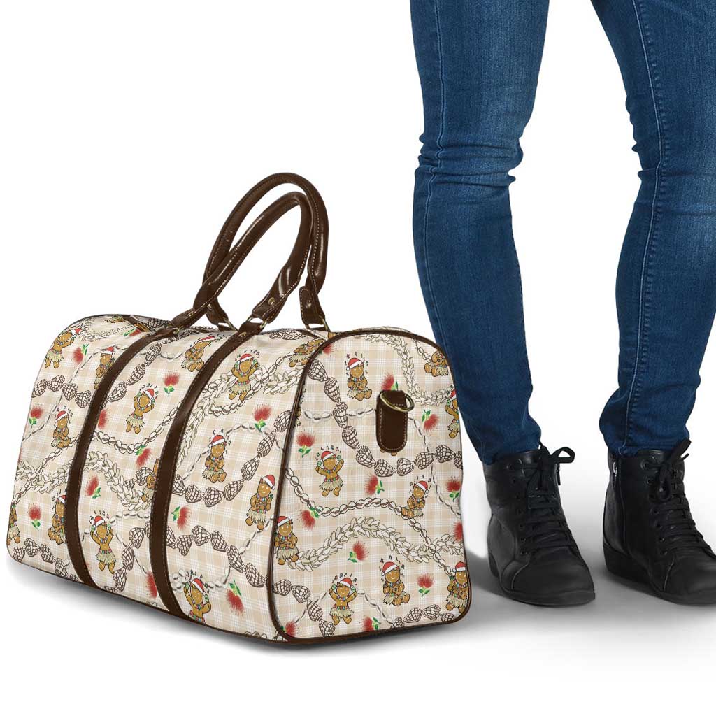 Beige Palaka Hawaii Mele Kalikimaka Travel Bag Ohia Lehua Shell Leis Funny Gingerbread Santa LT14 - Polynesian Pride
