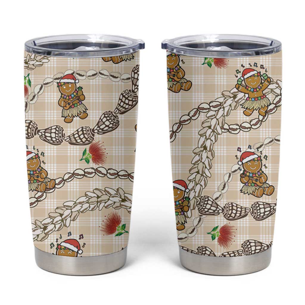 Beige Palaka Hawaii Mele Kalikimaka Tumbler Cup Ohia Lehua Shell Leis Funny Gingerbread Santa LT14 Beige - Polynesian Pride