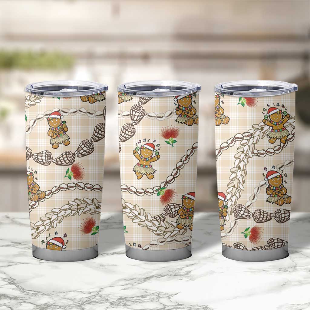 Beige Palaka Hawaii Mele Kalikimaka Tumbler Cup Ohia Lehua Shell Leis Funny Gingerbread Santa LT14 - Polynesian Pride